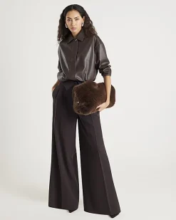 Brown Faux Leather Collared Bomber Jacket