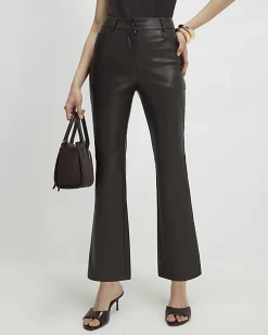Brown Faux Leather Cropped Flared Trousers