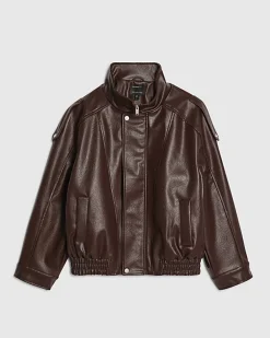Brown Faux Leather Funnel Neck Jacket