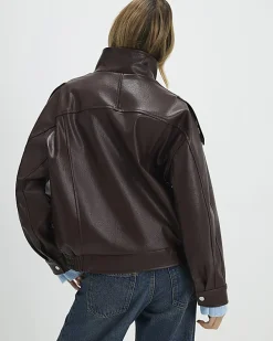 Brown Faux Leather Funnel Neck Jacket