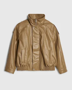 Brown Faux Leather Funnel Neck Jacket