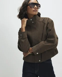 Brown Faux Leather Funnel Neck Bomber Jacket