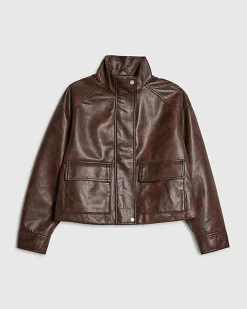 Brown Faux Leather Funnel Neck Bomber Jacket