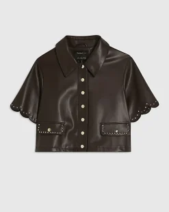 Brown Faux Leather Scallop Trim Studded Shirt