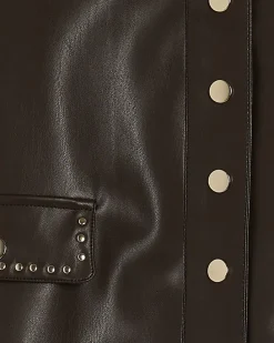 Brown Faux Leather Scallop Trim Studded Shirt