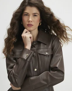 Brown Faux Leather Skater Mini Dress