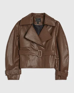 Brown Faux Leather Woven Trench jacket