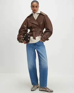 Brown Faux Leather Woven Trench jacket
