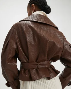 Brown Faux Leather Woven Trench jacket