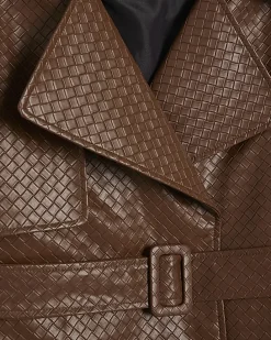 Brown Faux Leather Woven Trench jacket