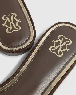 Brown Faux Suede Branded Flat Mule Sandals