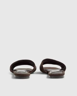 Brown Faux Suede Branded Flat Mule Sandals