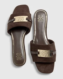 Brown Faux Suede Branded Flat Mule Sandals