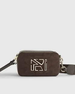 Brown Faux Suede Branded Cross Body Bag