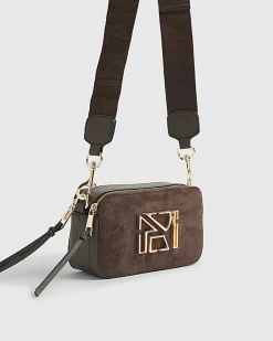 Brown Faux Suede Branded Cross Body Bag