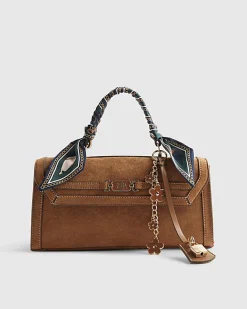 Brown Faux Suede Charms Cross Body Bag