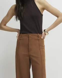 Brown Faux Suede Cropped Seam Front Trousers