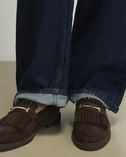 Brown Faux Suede Fringed Loafers