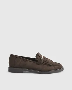 Brown Faux Suede Fringed Loafers
