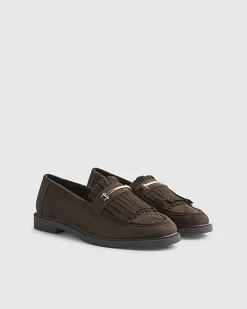Brown Faux Suede Fringed Loafers
