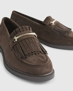 Brown Faux Suede Fringed Loafers