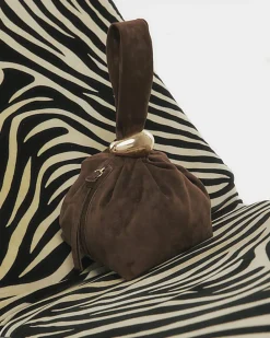 Brown Faux Suede Gold Detail Clutch Bag