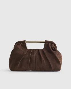 Brown Faux Suede Ruched Clutch Bag