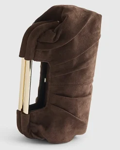 Brown Faux Suede Ruched Clutch Bag