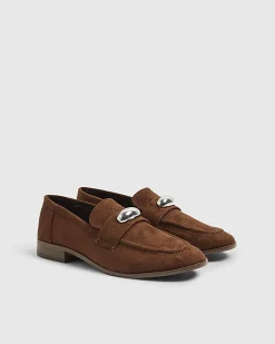 Brown Faux Suede Silver Detail Loafers