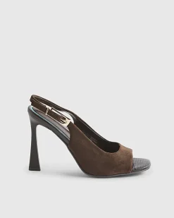 Brown Faux Suede Slingback Heeled Sandals