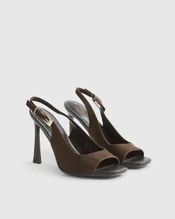 Brown Faux Suede Slingback Heeled Sandals