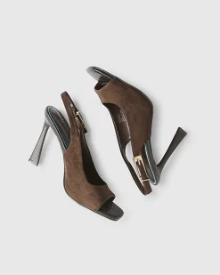 Brown Faux Suede Slingback Heeled Sandals