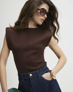 Brown Fitted Knit Sleeveless Top