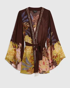 Brown Floral Embellished Kimono