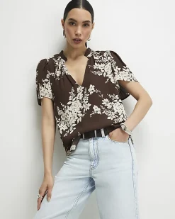 Brown Floral Print Short Sleeve Top