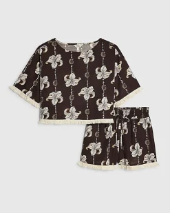 Brown Floral Shell Print Top And Shorts Set