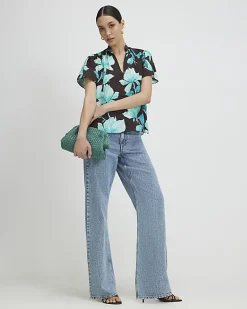 Brown Floral Short Sleeve Blouse