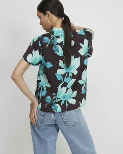 Brown Floral Short Sleeve Blouse
