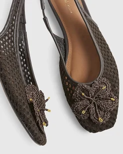 Brown Flower Crochet Flat Slingback Shoes