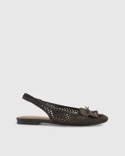 Brown Flower Crochet Flat Slingback Shoes