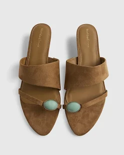Brown Gem Toe Faux Suede Heeled Sandals