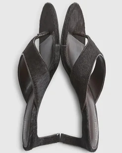 Brown Hair On Leather Toe Thong Heel Sandals