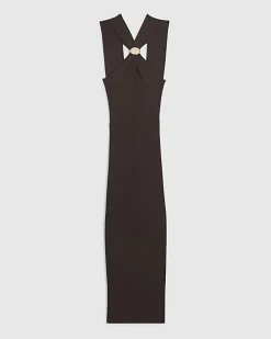 Brown Halter Neck Brooch Knitted Midi Dress