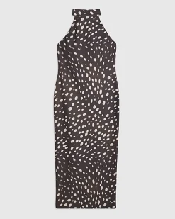 Brown Halter Neck Spot Print Midi Dress