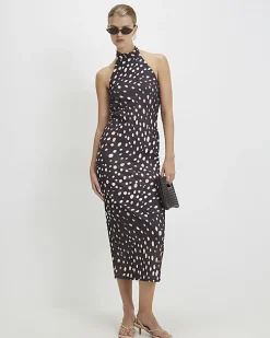 Brown Halter Neck Spot Print Midi Dress