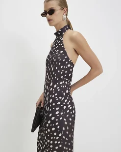 Brown Halter Neck Spot Print Midi Dress