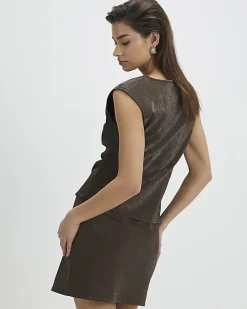 Brown Hammered Faux Leather Mini Skirt