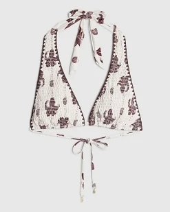 Brown High Apex Shirred Palm Print Bikini Top