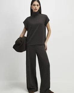 Brown High Neck Glitter Top