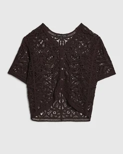 Brown Knitted Crochet Short Sleeve Cardigan